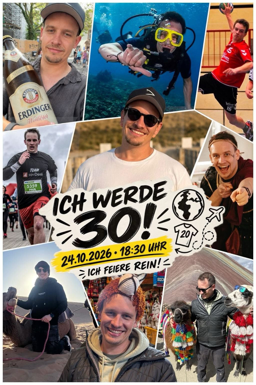 Pauls Einladung zum 30. Geburtstag mit Fotos von Reisen, Handball und Running